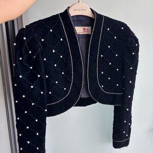 Elegant Velvet Blue Pearl-Embellished Jacket